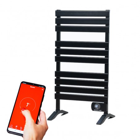 OUTLET ECODE® Electric Towel Rail with legs, 24/7 programming, Towel drying radiator, 500 W IP24, Towel Heater, WIFI, Control by Tuya APP, LED screen, Towel dryer, double installation kit on the floor or hanging. 105x56x2 cms. Black