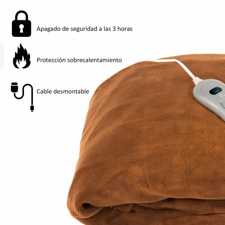 ECODE® Couverture chauffante 180 x 130 cm. Bouton avec 3 niveaux de chaleur, arret automatique 180 minutes, couleur marron clair