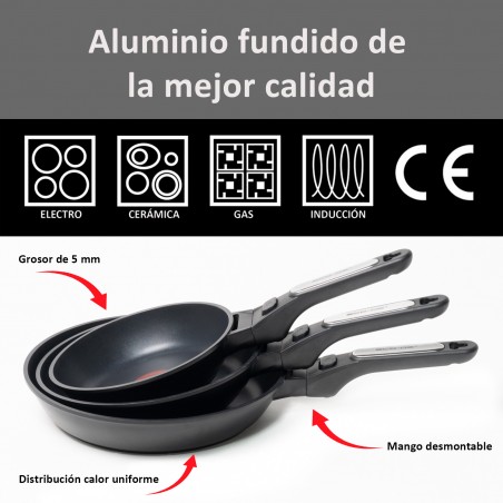 ECODE® Sarten de 24 cm para Induccion con Mango Extraible, Antiadherentes y Indicador de Temperatura optima - Apta para Horno, Lavavajillas y Todo Tipo de Cocinas - Aluminio Fundido Inoxidable