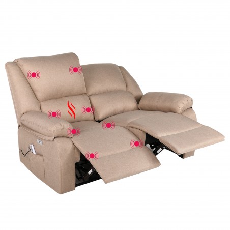 ECODE® 2-Seater Sofa with Independent Electric Reclining and Massage - Reclining Mode, Independent TV on Each Side, 8 Vibromotors, Lumbar Heat, Double Button Control (Beige)