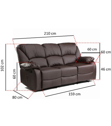 OUTLET ECODE® Manuelles verstellbares Relaxsofa aus Kunstleder mit Massagegerät - Elektrisches Sofa mit Massage und Lendenwirbelheizung - Ideal für Senioren